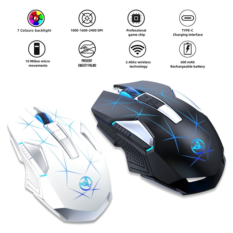 Tragbare, kabellose, wiederaufladbare maus, ergonomische gaming-maus mit 2400 dpi für laptop, notebook, pc, computer und tablet