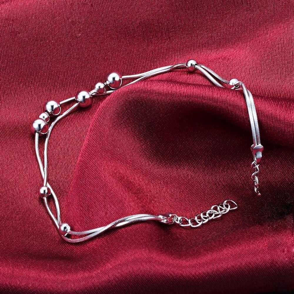 Bracelet de cheville en argent Sterling 925 pour femmes, bijou Simple, Double perle ronde, pour le pied, à la