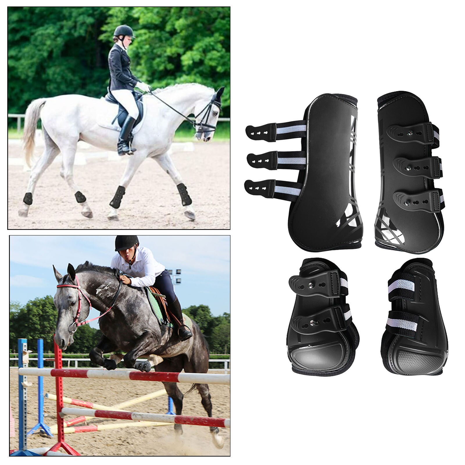 Horse Pu Shell Neoprene Lined Front/Rear Leg Boots Sets Horse Boots for Training Jumping Riding Eventing: Front Rear Black M
