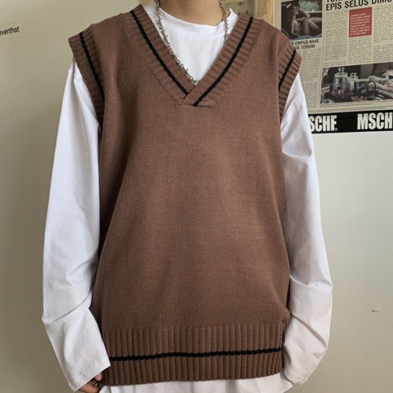 Suéter coreano de otoño para hombre, chaleco informal de punto con cuello en V, ropa de calle para hombre, chaleco holgado, suéteres de punto para hombre, M-XL: Khaki / XL