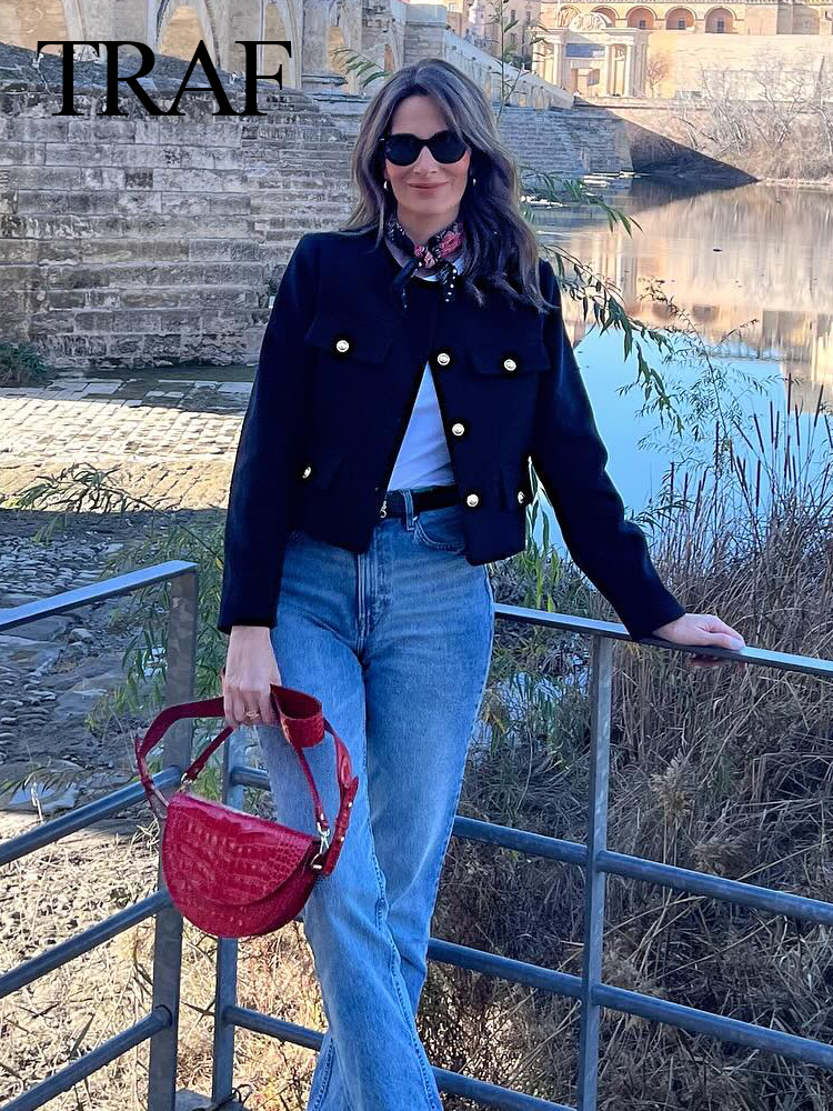 Trafza kvinder bomber cropped jakker dame blazer med gyldne knapper forår dame chic streetwear outwear top