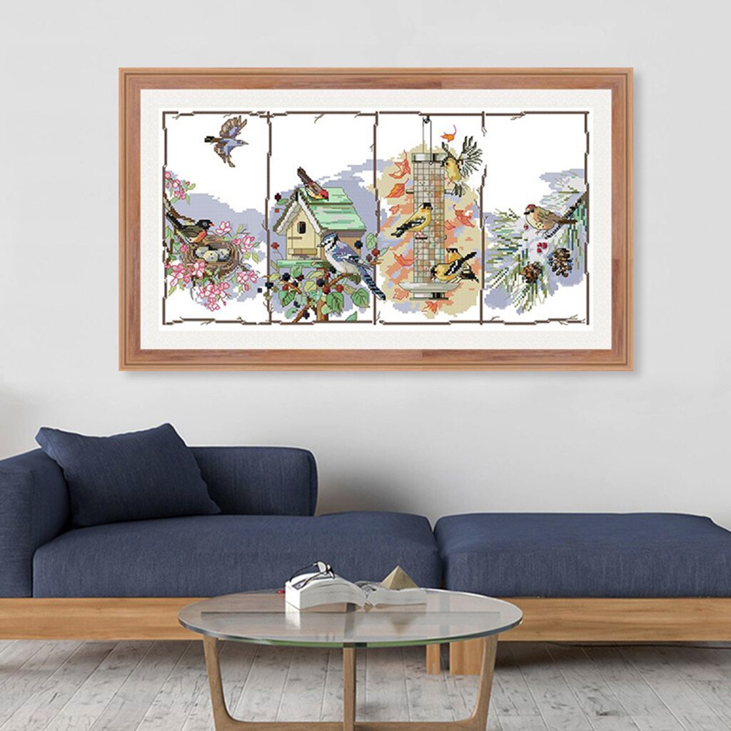 DIY Stamped Cross Stitch Starter Kits Beginners Cross-Stitching Pre-Printed Pattern - Four Season Birds - No Frame