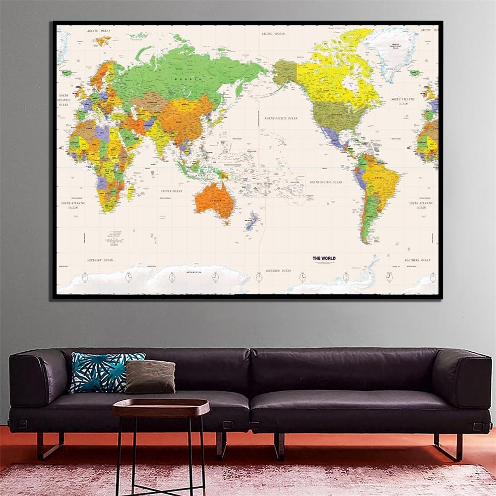 Pintura sin marco de lienzo fino con mapa físico del mundo, tamaño A2, para decoración de pared para oficina y hogar