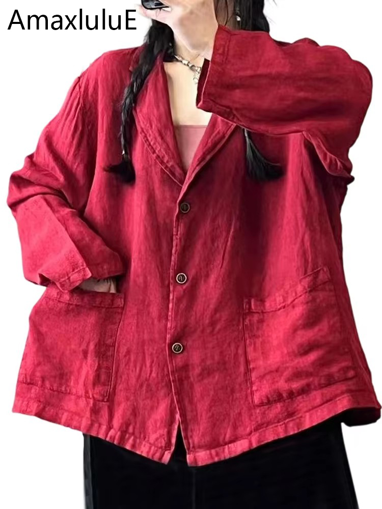 Amaxlulue sommar koreansk kavaj dam löst sittande linnejackor damer vintage casual ytterkläder lyxiga bomullskappor