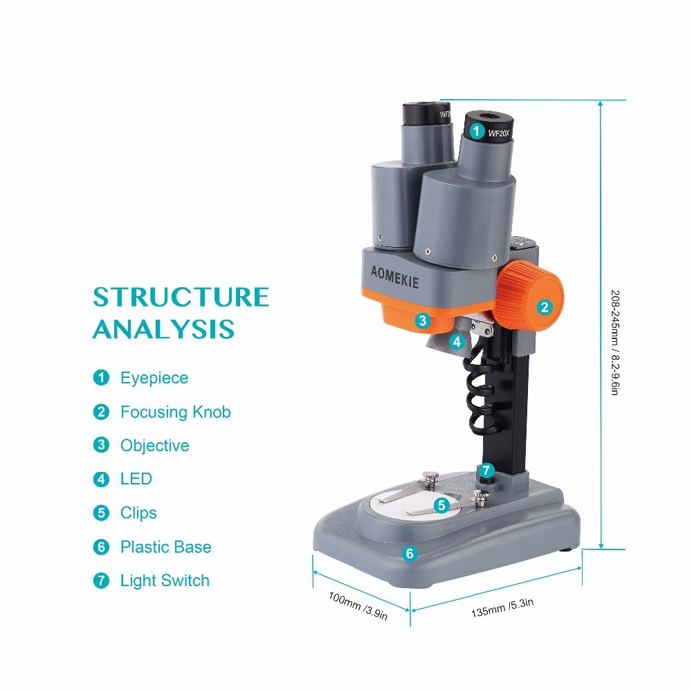 AOMEKIE – Microscope stéréo binoculaire 20X/40X avec Vision large HD pour soudage de PCB, réparation de téléphones portables, observation des minéraux