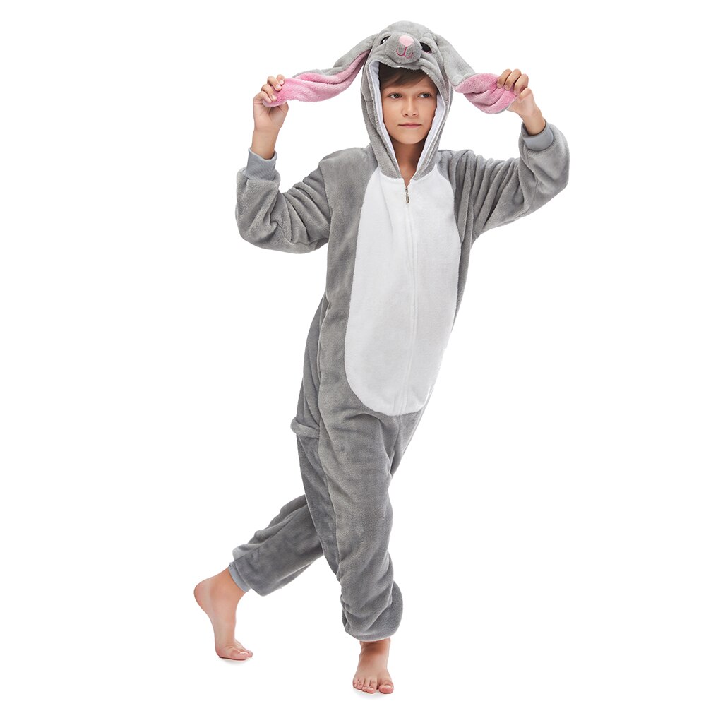 Bunny Onesie For Kids Animal Rabbit Pajama Kigurumis Gray Cute Flannel Warm Sleepwear Halloween Suit Winter Boy Girl Overall: 140