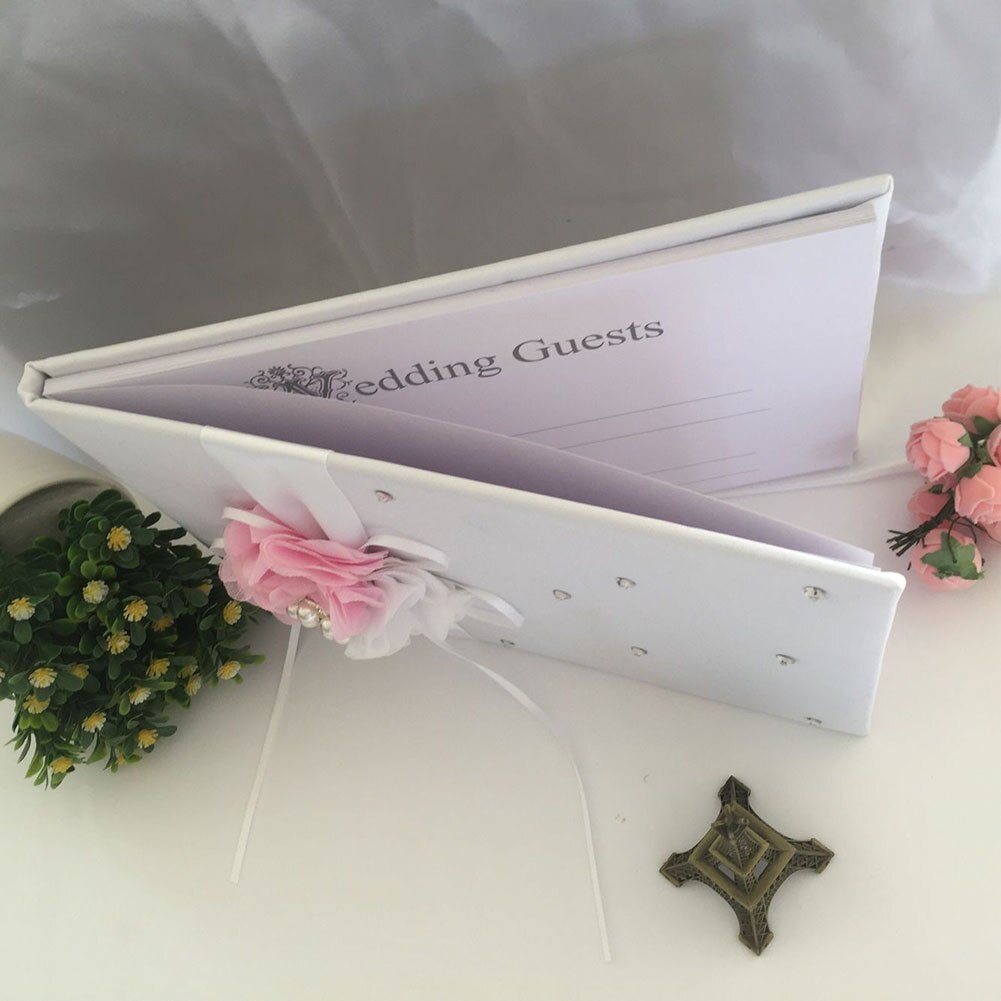Juego de bolígrafos para firmar libros de boda, flores de satén blanco, con bonitas cuentas de cinta HFing