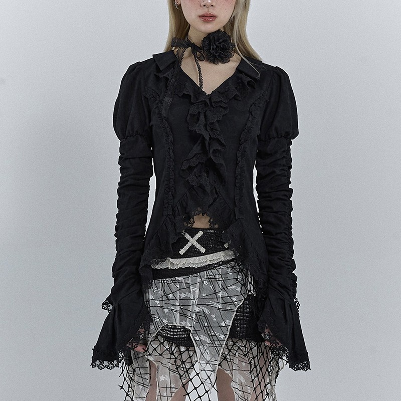Karrcat gotisch schwarz Spitze Hemd dunkle ästhetische unregelmäßige Blusen Yamamoto Stil Grunge aufflackern Ärmel V-Ausschnitt Hemd Jahrgang Y2k Emo