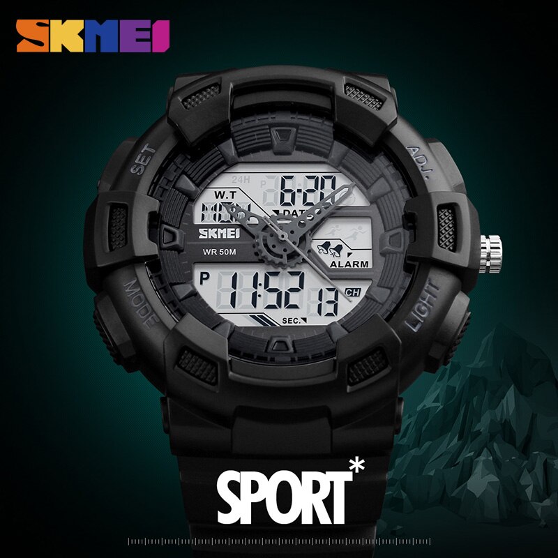 SKMEI 1189 Men Sport Digital Wristwatches Chronograph Alarm Clock Outdoor Full Black Dual Time Display Watches