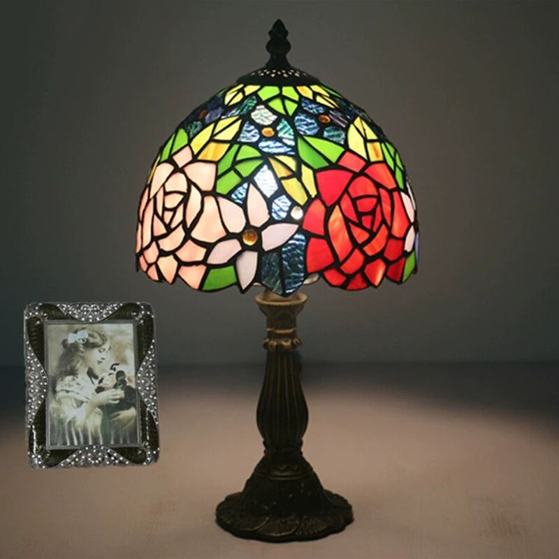 Woerfu 20cm tiffany bordlampe legering base rose lampeskærm soveværelse sengelampe retro bordlamper