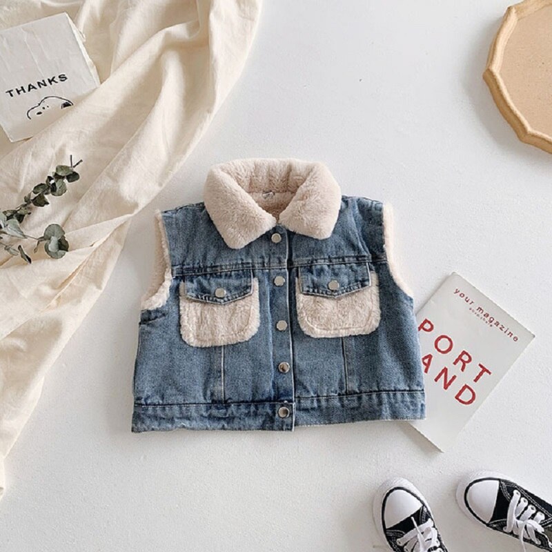 Neue Denim Art Weste Winter Mäntel Warme Vlies Baby Mädchen Jungen Weste freundlicher Outfits freundlicher Oberbekleidung Für 70-140cm