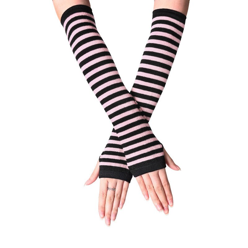 Vrouwen Lady Gestreepte Elleboog Handschoenen Warmer Gebreide Lange Vingerloze Handschoenen Elleboog Wanten Kerst Accessoires: black pink