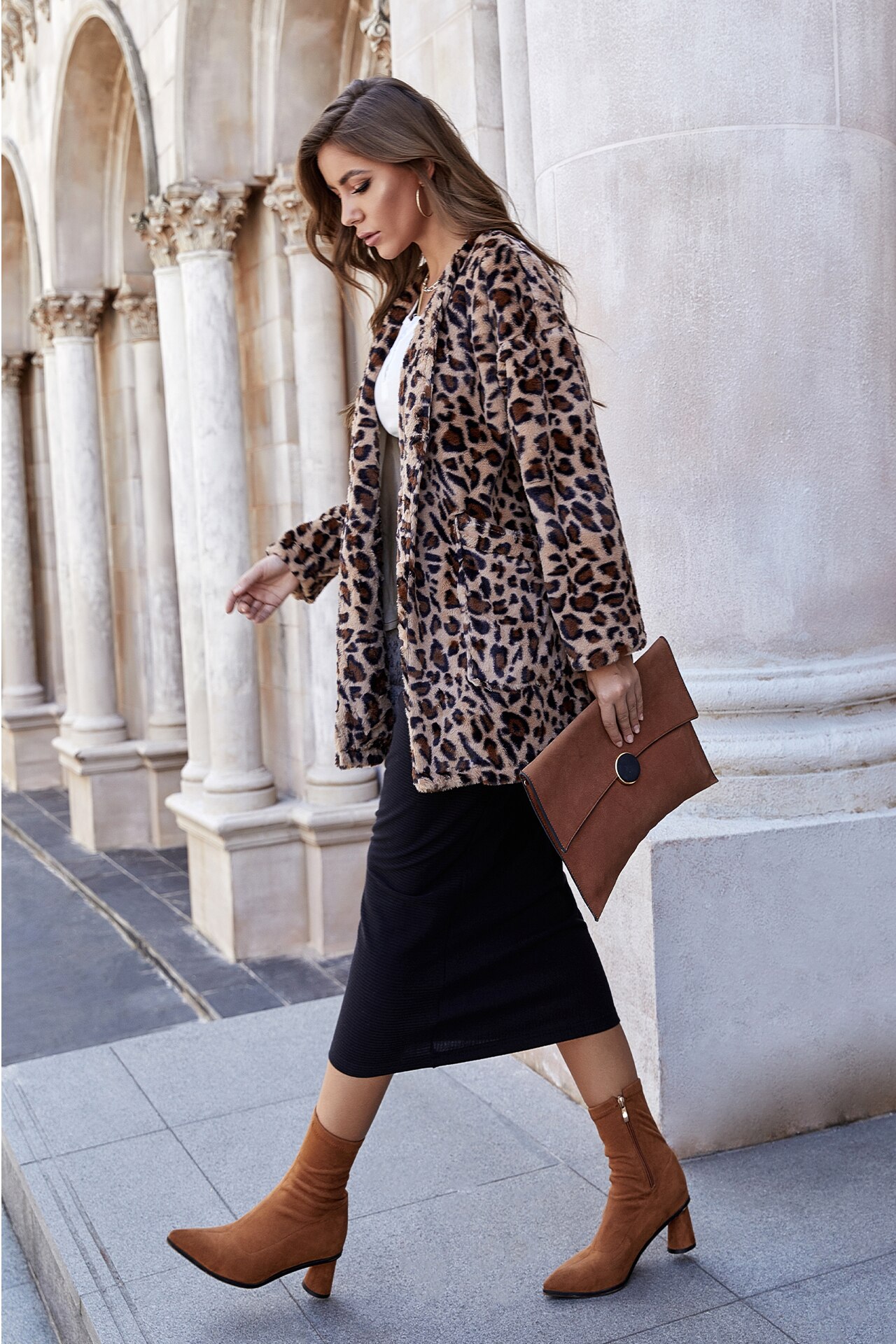 Women's leopard print fur imitation Lapel long sleeve coat thickened and warm medium length women's coat high collar sexy