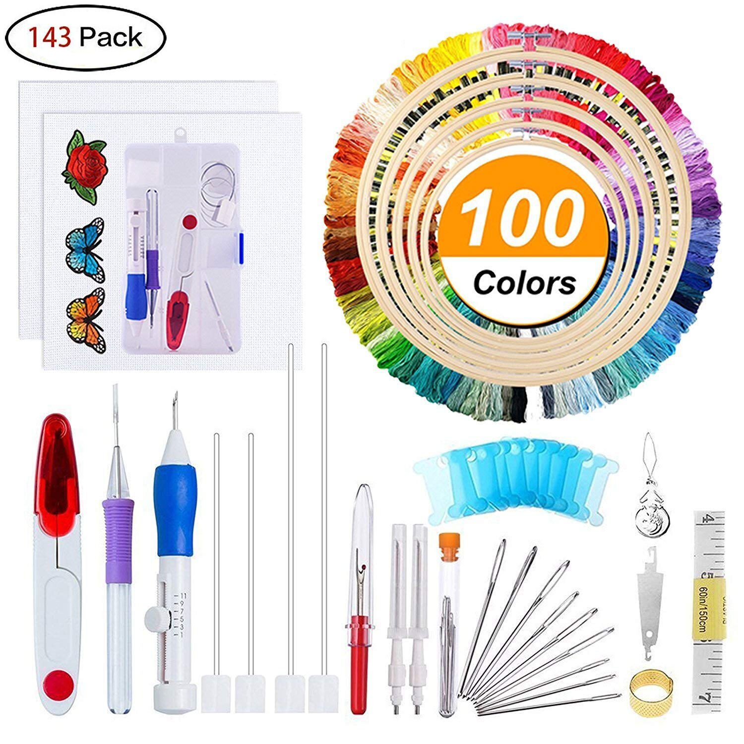 Embroidery Starter Kit Full Set-Magic Embroidery Pen Punch Needle,Hoops,Threads,Stitching Punch Pen Set Craft Tool for Beginner: 143 set