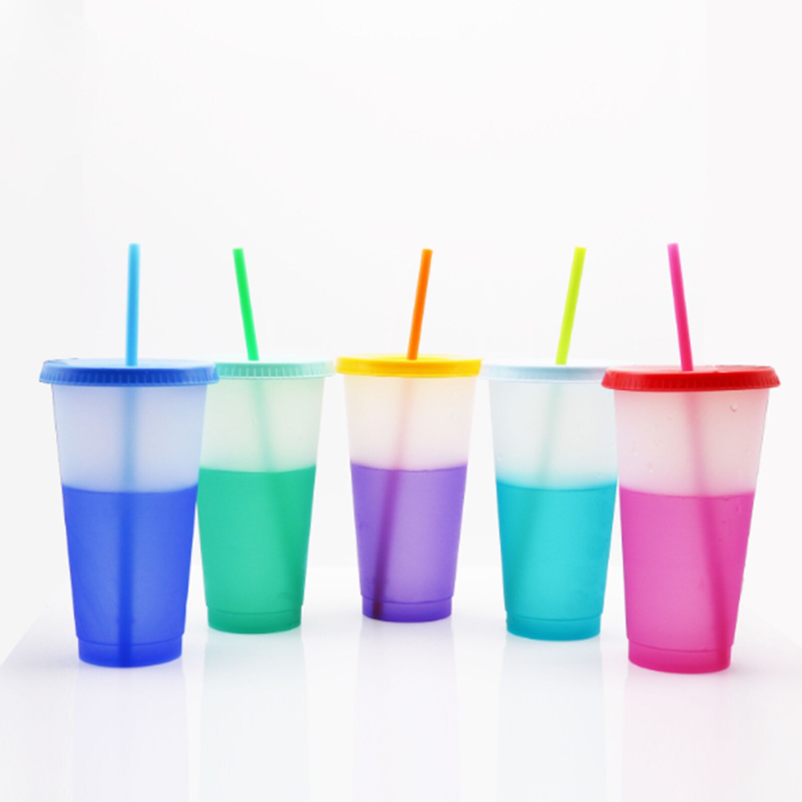 7pcs Reusable Color Changing Cups Cold Drinks Travel Tumbler with Lid Straw 24oz Coffee Juice Beverage Cup Color Changing