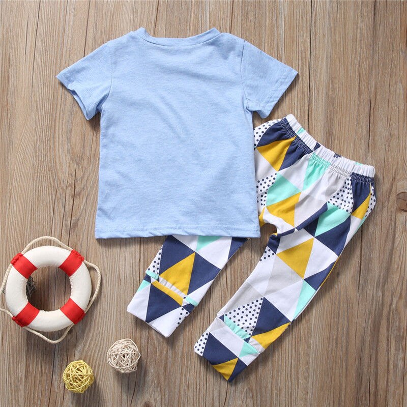 Summer 2PCS Outfit Toddler Kids Clothing Set Baby Boy Clothes Newborn Short Sleeve Cotton T-shirt Tops +Geometric Pant