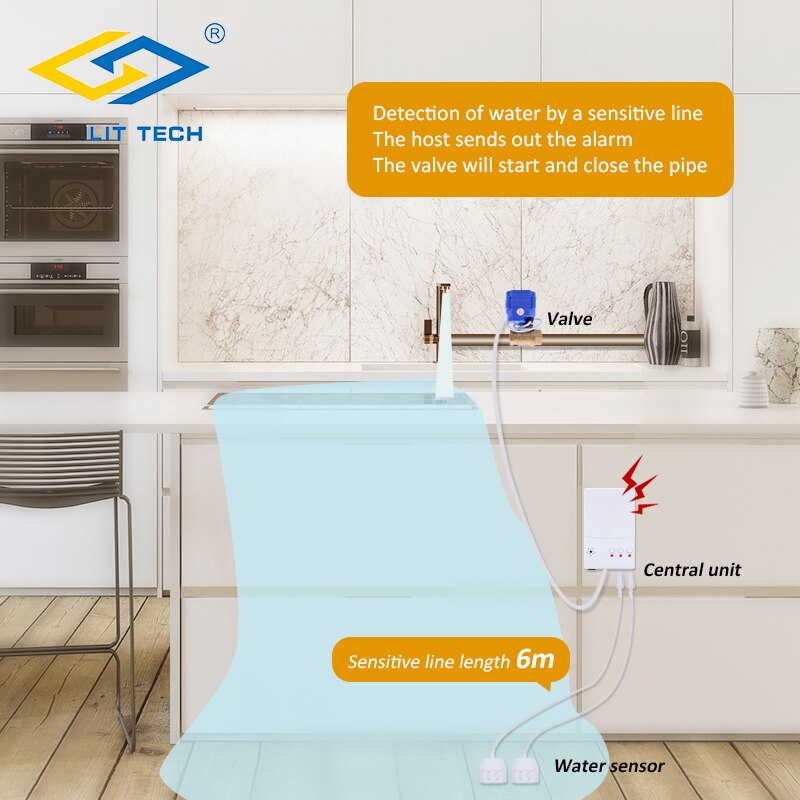 Smart Home Alarm Water Leakage Sensor with Automatically Shut Off 1/2"DN15 Vlaves Water Leak Detector Flood Overflow Protection