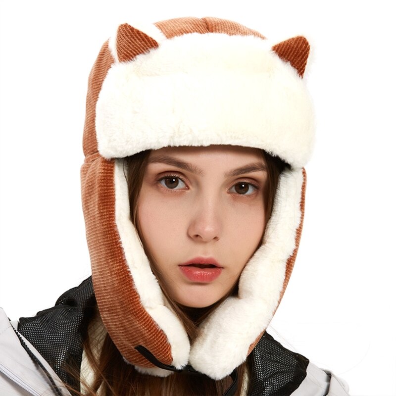 Women Winter Thicken Plush Lining Trooper Bomber Hat Lady Cute Cat Ears Outdoor Cold Weather Snow Ski Windproof Earflap Cap: Brown