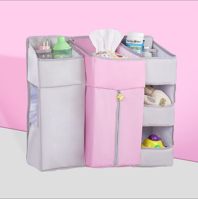 Organizador portátil para cuna de bebé, bolsa colgante para cama, artículos esenciales para almacenamiento de pañales, juego de cama de cuna, pañal de cabecera: Pink Gray