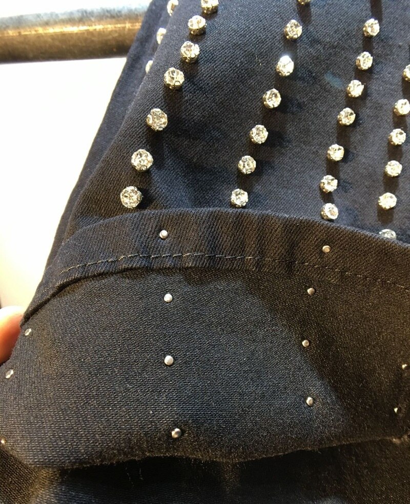 Women autumn elastic denim flare pants black solid diamonds striped ankle length slim jeans ladies high waist Rhinestone trouser