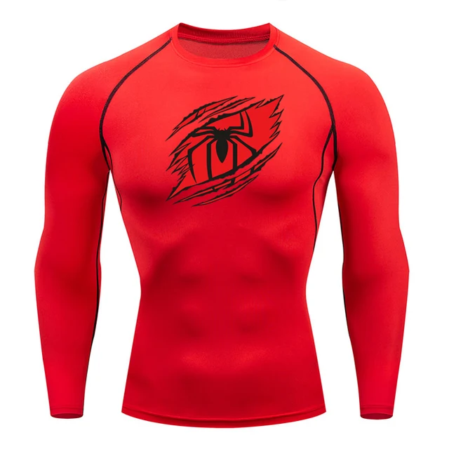 Y2K GYM Compression Tshirts Sport Workout Spider Print T-shirts Mens Running Fitness Tight Long Sleeve Sportswear Top Tee: XL / Red