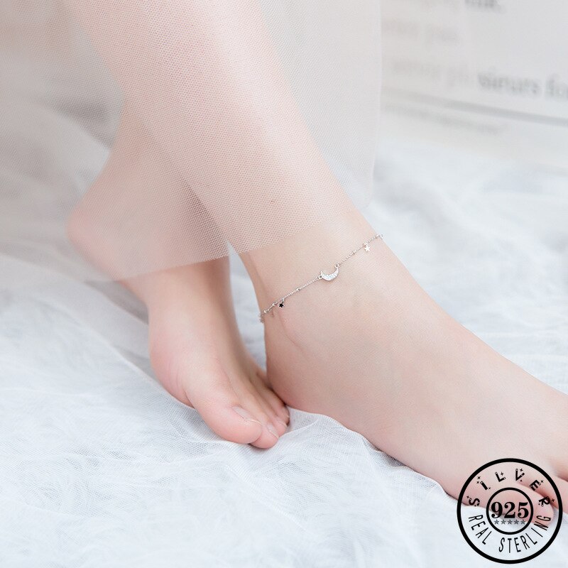 925 fußkettchen aus sterlingsilber mit zirkonia in mondform – trendiges armband mit kleinen sternperlen für damen, feiner fußschmuck