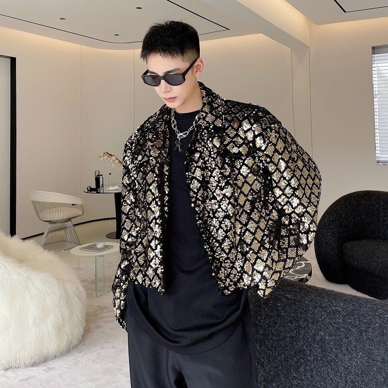 Man Korean Streetwear Vintage Casual Coat Top Men&#39;s Velvet Embroidered Sequins Short Jacket Stage Trend Show Clothing