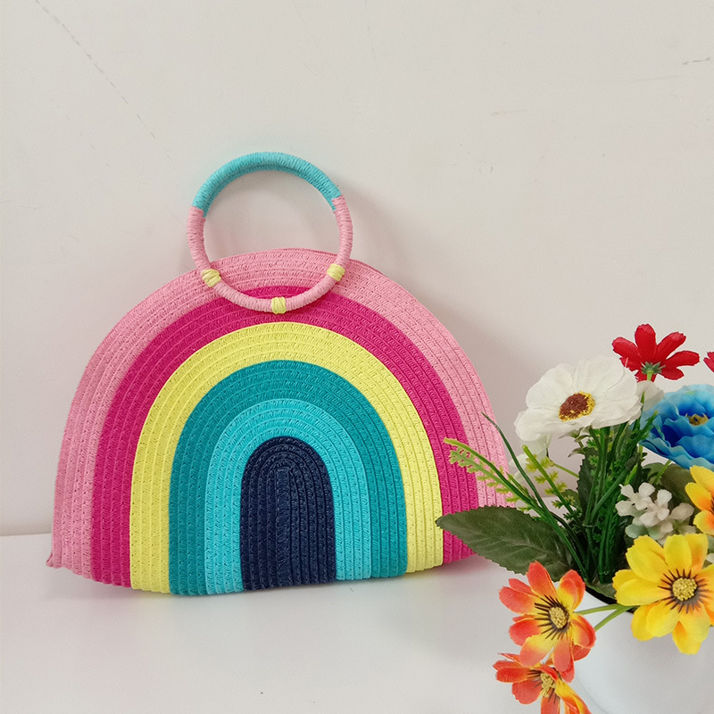 Fabriek Directe Verkoop Handheld Strozak Vrouwen Mode Kleurrijke Regenboog Hand Geweven Bag Strandtas