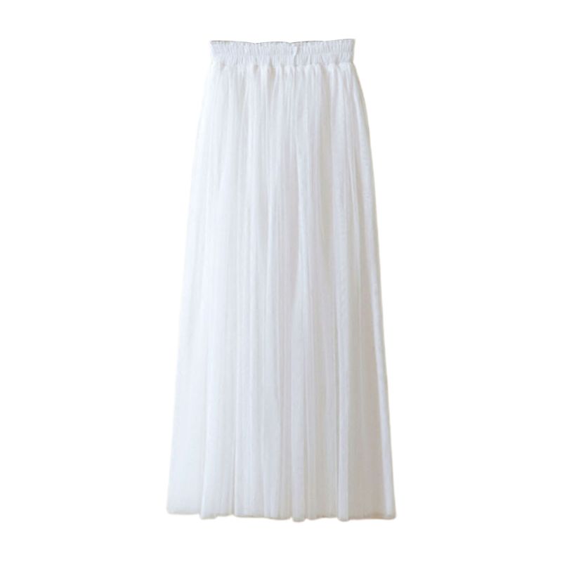 80cm kvinders høj talje tre lag sheer mesh plisseret tyl midi lang tutu nederdel sød solid slik farve drapering swing løs kjole: Hvid