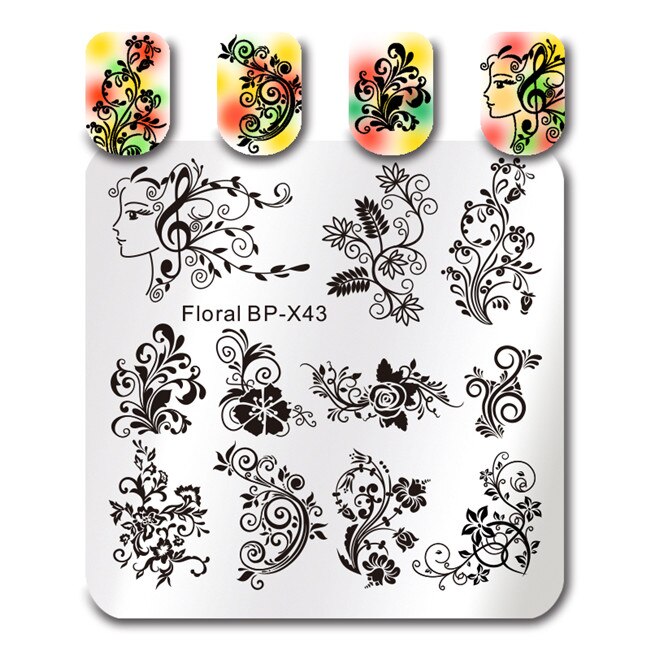 Født smuk firkantet negle stempel plade blomster rose frugt smuk blomst vinblade billede nail art billede skabelon stempel stencil: Bp  x43