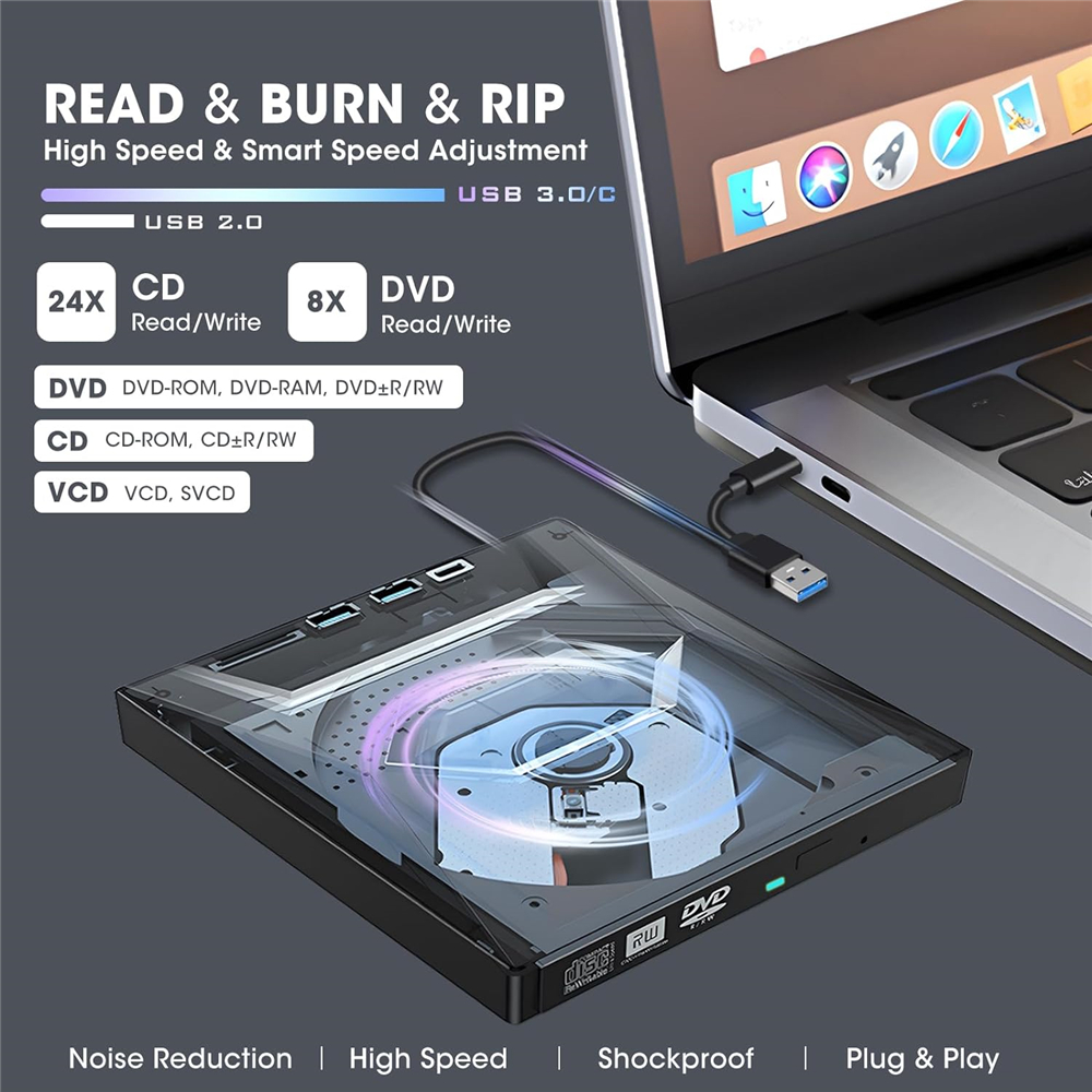 4-in-1 USB 3.0 Typ C Externes DVD-Laufwerk mit Typ-CUSB HUB SD-Kartenleser, CD DVD RW ROM Disk Player Brenner Lesegerät Schreibgerät