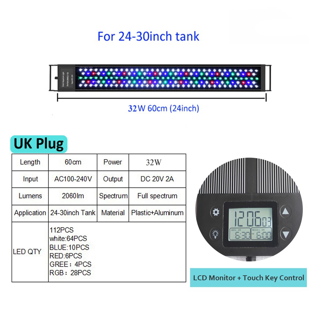 12inch-18-24inch Waterdichte Programma 8 Kleuren Auto On Off Volledige Spectrum Led Aquarium Lichtpunt Voor Zoetwater Geplant Tank: 32W 24inch C138 UK
