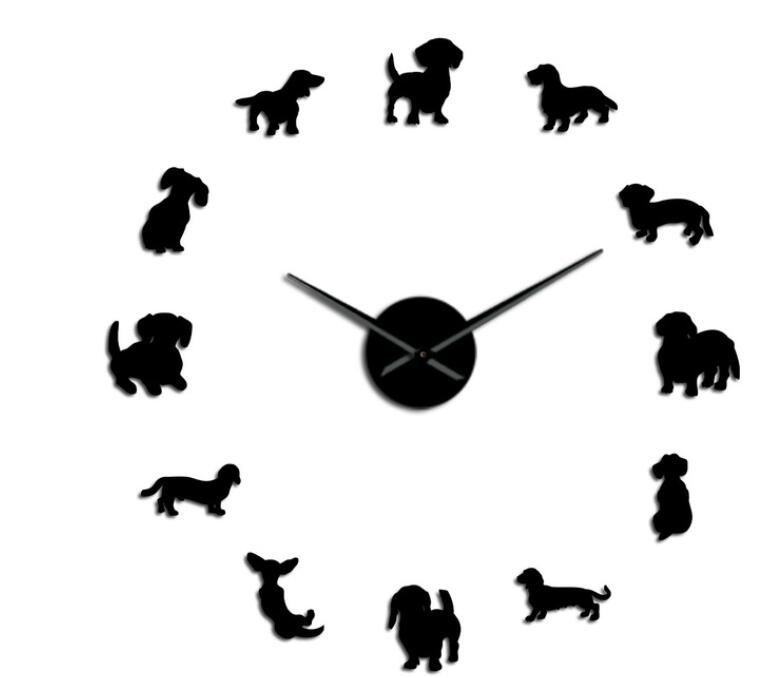 Reloj de pared DIY para amantes de los perros, pegatinas de espejo con de perro salchicha, grande perro de raza, decoración de tienda de mascotas, colgante: Black / 47inch