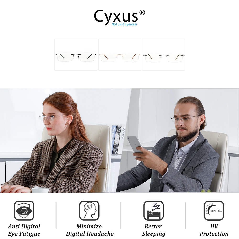 Cyxus Anti Blue Light Glasses Rectangle Titanium Flexible Rimless Computer Eyeglasses for Mens Women Clear Lens 8602