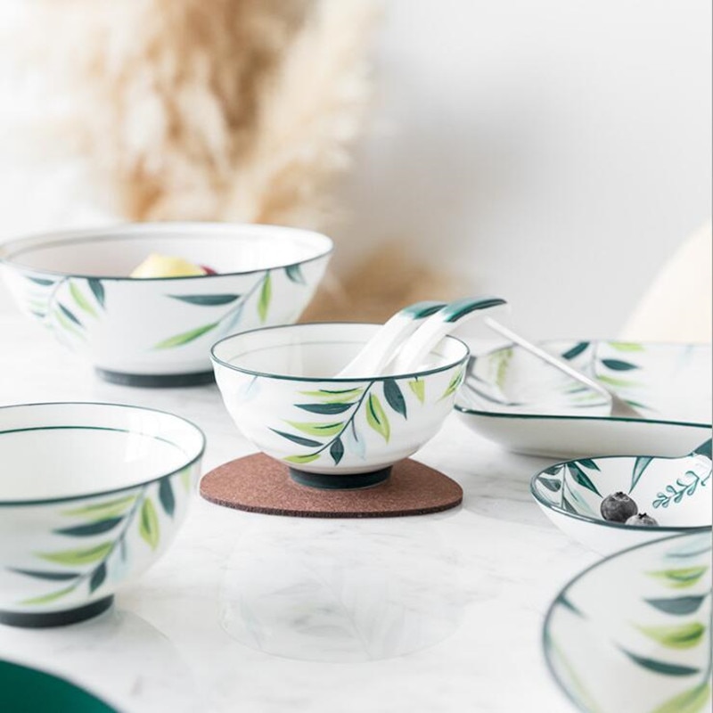 Hand-painted Underglaze Color Green Ceramic Plants Plate Set Ceramic Tableware Food Dishes Rice Salad Noodles Soup Bowl