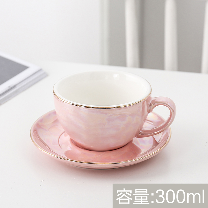 Europese Keramische Kopje Koffie Gold Lijn Parel Glazuur Koffiekopje Schotel Set Thuis Cafe Plezier: Pink-300ml