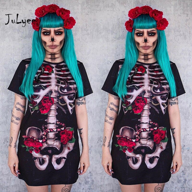 Julyee Vrouwen Skelet Print Jurken Cosplay Kleding Halloween Kostuums Voor Vrouw Mini Jurk