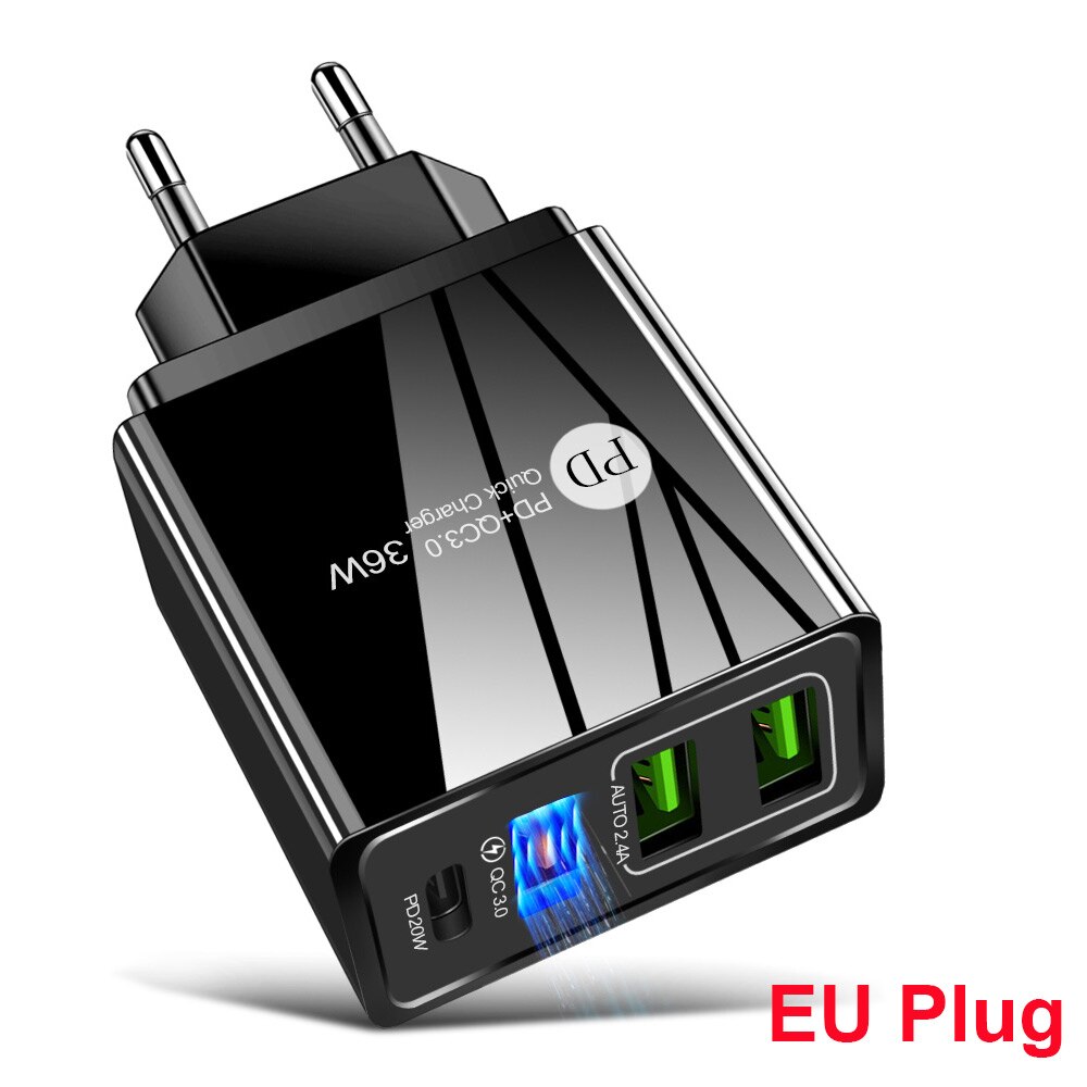 Floveme 36W Usb Charger Quick Charge 3.0 Type C Pd 20W Snelle Opladen Lader Voor Iphone 12 Samsung xiaomi Mobiele Telefoon Oplader: EU Plug Black