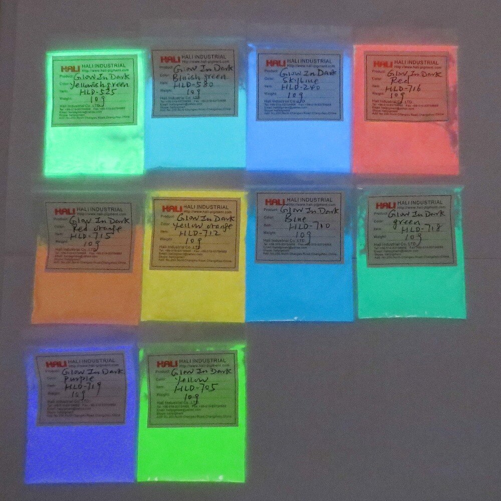Glow in dark poeder, fotoluminescerend poeder, luminescerend poeder , 1 partijen = 10 kleuren ,10 gram per kleur.