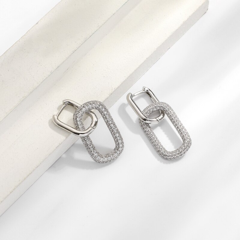 Cubic Zircon Punk Geometric Oval Earrings Gold And Silver Color Big Hoop Earings For Women Hip Hop Jewelery: Silver Plated