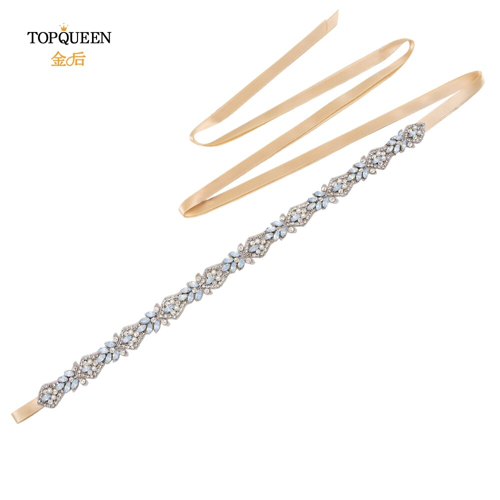 TOPQUEEN-cinturones de novia S485, apliques de cristal de para cinturones de novia, cinturón para vestido de bodas con diamantes de imitación, Ópalo: champagne ribbon