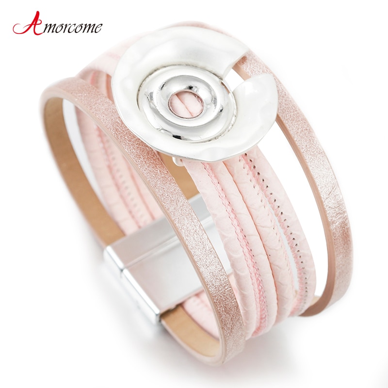 Amorcome Simple Pink Leather Bracelet Jewelry Multilayer Metal Charm Wide Wrap Bracelets Ladies Jewelry