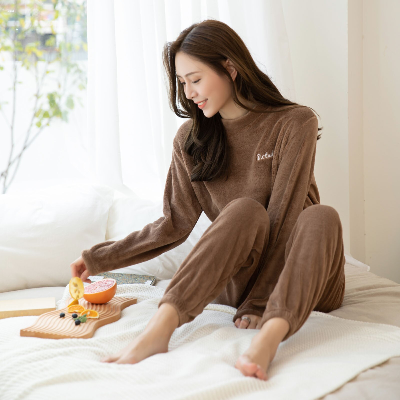 Winter Thick Warm Female Elastic Waist Thick Warm Sleepwear Homewear Autumn Women Sleepwear Autumn Winter Flannel Pajama Set