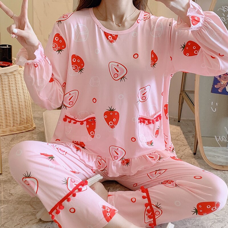 Ensfarvet kvinder pyjamas sæt løst bomuld dame nattøj hjemmetøj pink: Xxl