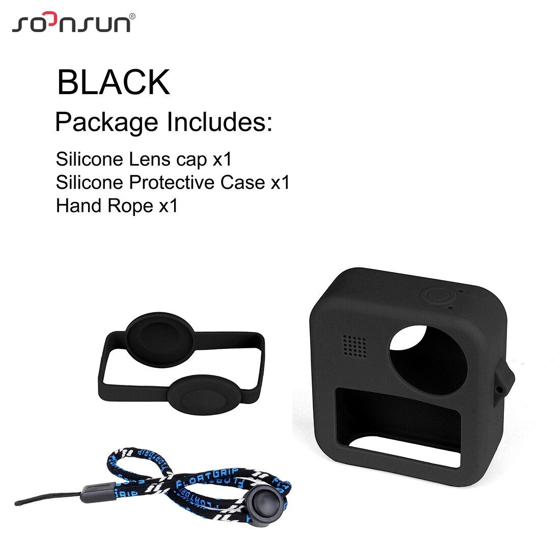 SOONSUN-funda protectora de silicona suave para GoPro, carcasa con tapa de doble lente y correa para la muñeca, accesorios para GoPro Max Go Pro: Black