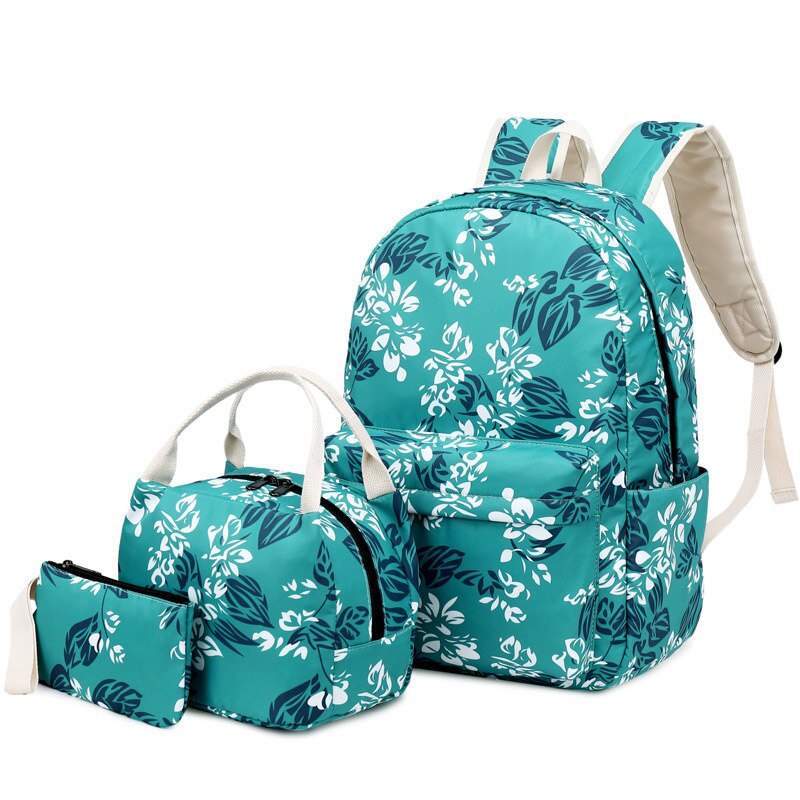 3pcs/set Nylon Waterproof Printing backpack Women School Bag for Teenagers Girls Student Bookbag with Lunch Box: blue