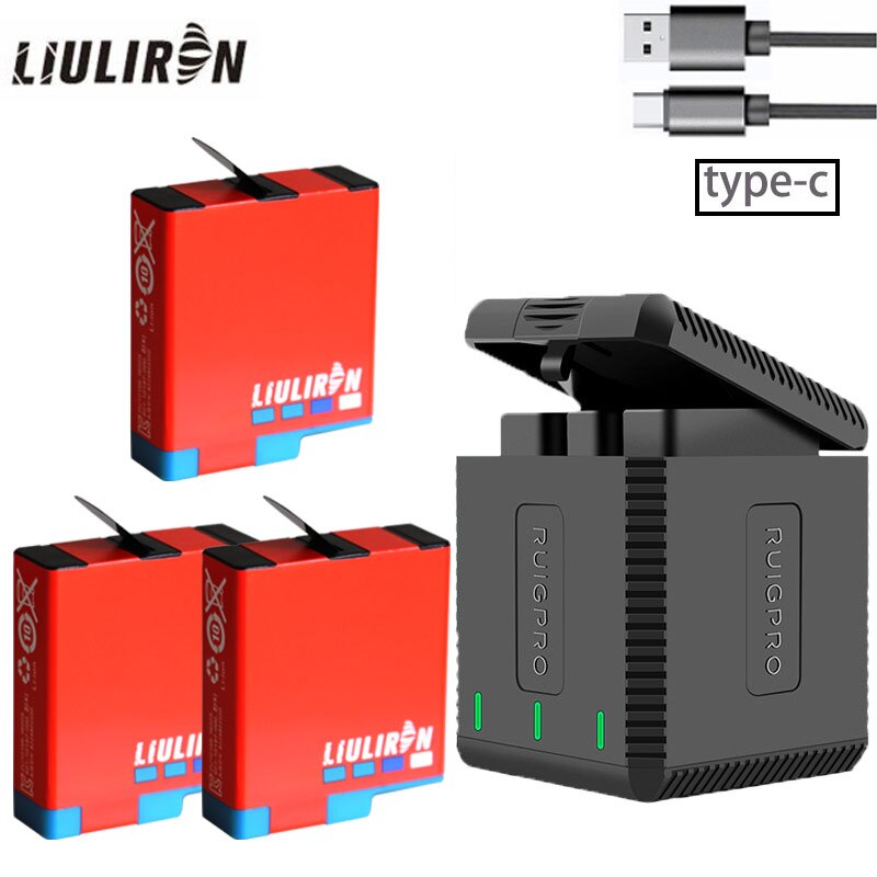 Hög kvantitet helt avkoda go pro hero 8 batteri  + 3 portar typ-c laddare för gopro go pro hero 5 6 7 8 svarta kameratillbehör: Laddare och 3 batterier