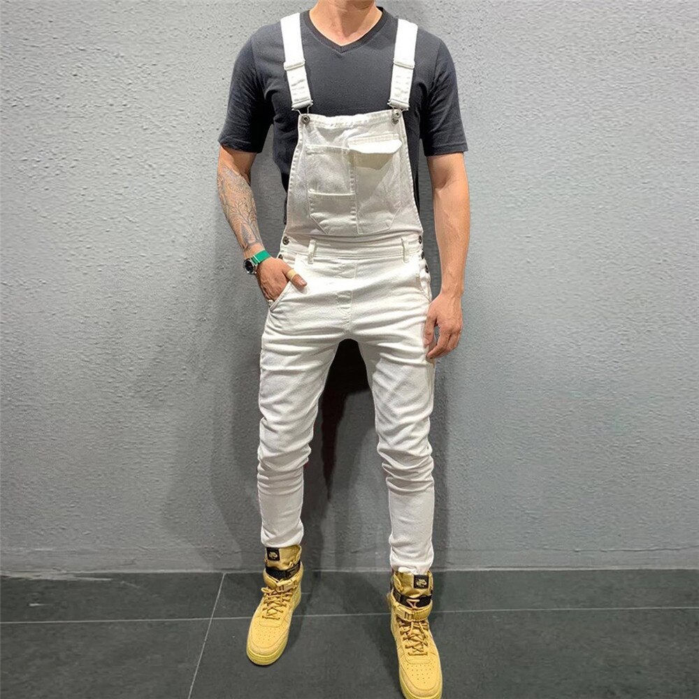 Peto vaquero para hombre, monos, pantalones vaqueros de motorista, de talla grande, informales: S / Blanco