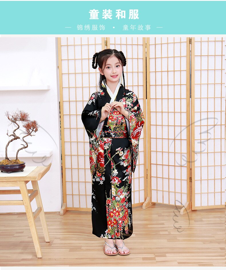 Kimono tradicional chino para niños, vestido de seda, vestido para niña, vestido de una pieza: Black / 130