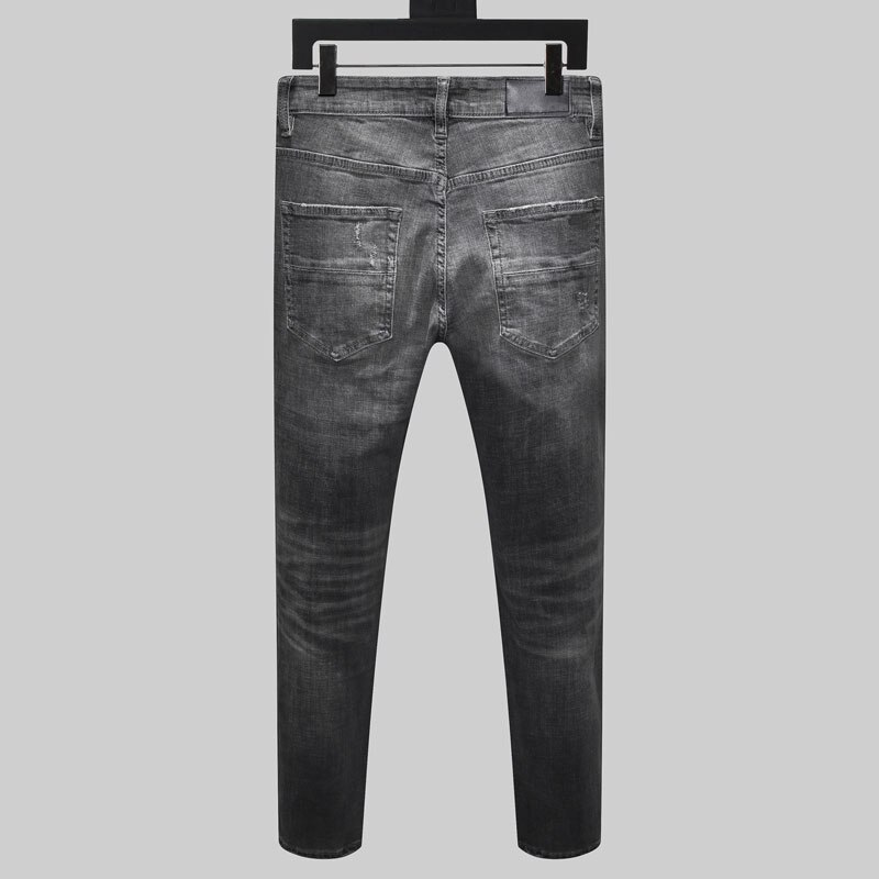 Streetwear heren jeans zwart grijs slim fit destroyed ripped jeans heren patchwork punk broek merk hiphop jeans